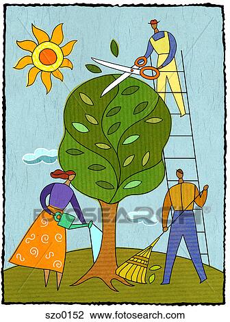three people caring for a tree View Large Illustration Drawing - three people caring for a tree. Fotosearch