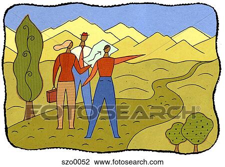 three people discussing directions View Large Illustration Drawing - three people discussing directions. Fotosearch