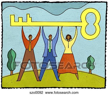 Drawing - three people holding up a large key. Fotosearch
