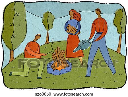 three people lighting a camp fire View Large Illustration Clipart - three people lighting a camp fire. Fotosearch
