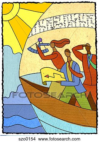 Stock Illustration - three people navigating in a boat. Fotosearch