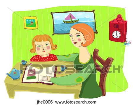 Stock Illustration - mom helping her daughter with homework. Fotosearch
