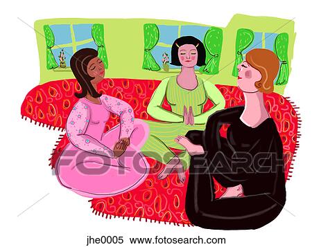 Stock Illustration - three women doing yoga. Fotosearch