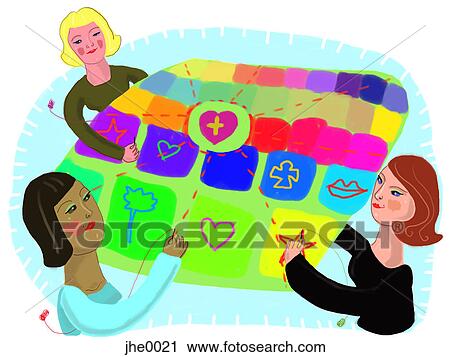 three women putting together a quilt View Large Illustration Clip Art - three women putting together a quilt. Fotosearch