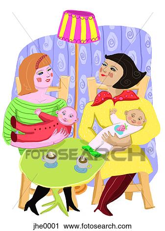 Clip Art - two women and their babies. Fotosearch