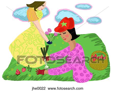 Drawing - two women gardening. Fotosearch