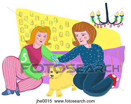 Stock Illustration - two women playing with a puppy. Fotosearch