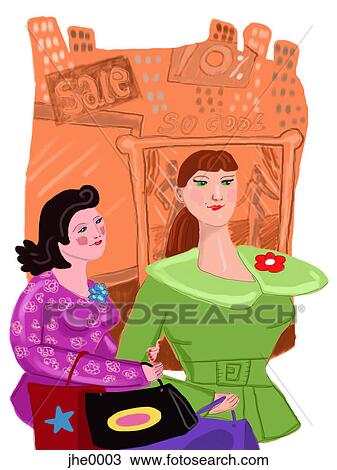 two women shopping View Large Illustration Drawing - two women shopping. Fotosearch