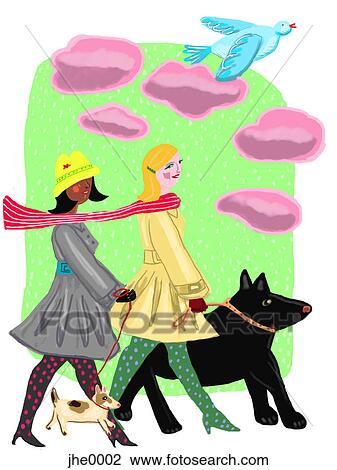Drawing - two women walking their dogs. Fotosearch