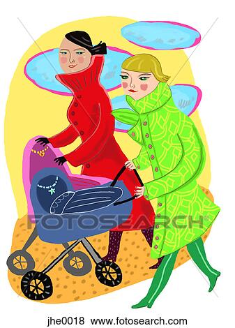 Stock Illustration - two women with baby carriages. Fotosearch