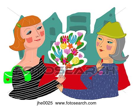Stock Illustration - woman giving a senior a bouquet of flowers. Fotosearch