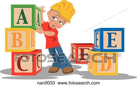 Drawing - boy building with blocks. Fotosearch
