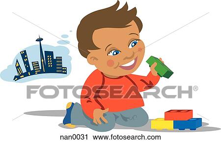 Clip Art - boy playing with blocks. Fotosearch