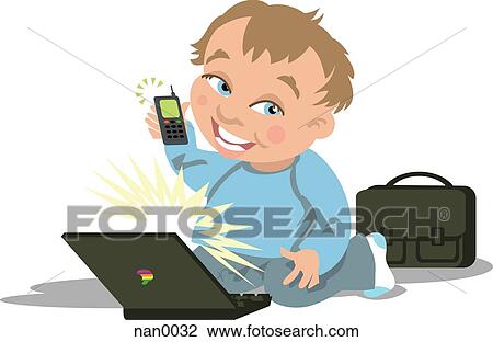 Drawing - boy playing with technology. Fotosearch