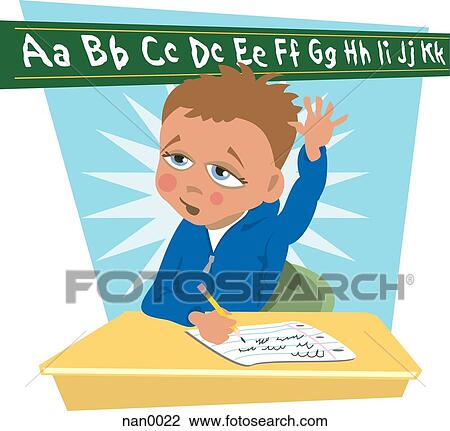 Drawing - boy raising his hand in class. Fotosearch