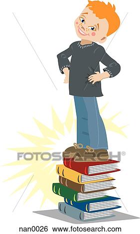 boy standing on a pile of books View Large Illustration Stock Illustration - boy standing on a pile of books. Fotosearch