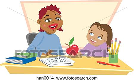 Stock Illustration - student giving her teacher an apple. Fotosearch