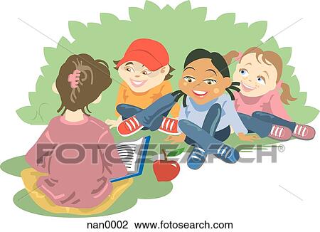 teacher reading to her students View Large Illustration Drawing - teacher reading to her students. Fotosearch