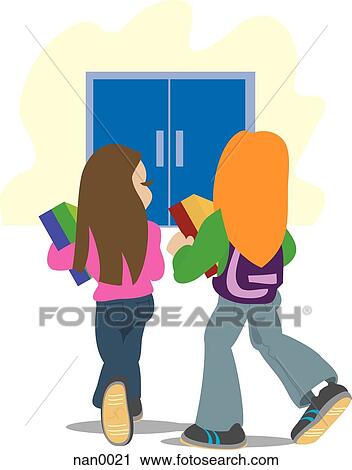 Clip Art - two girls walking to school. Fotosearch
