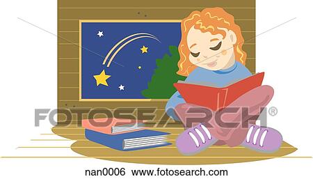 Stock Illustration - young girl reading in her treehouse. Fotosearch