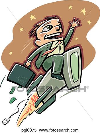 Stock Illustration - businessman on a computer rocket. Fotosearch