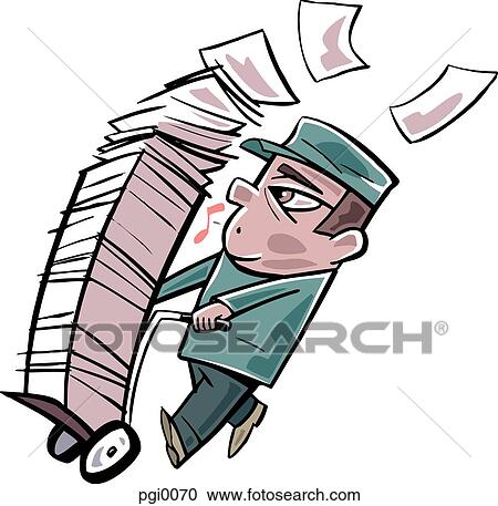 Clipart - man carting around a large stack of paper on a trolly. Fotosearch
