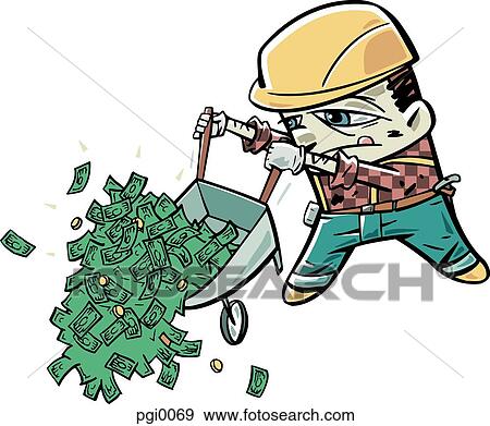 Stock Illustration - man dumping wheelbarrow full of money. Fotosearch