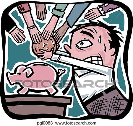 Drawing - putting money in the piggy bank. Fotosearch