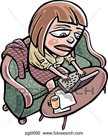 Drawing - woman working from home. Fotosearch