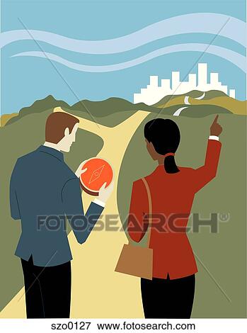 Stock Illustration - Businessman holding a compass and asking a businesswoman for directions. Fotosearch