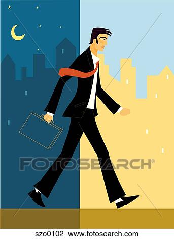 Drawing - Businessman walking from night into day. Fotosearch