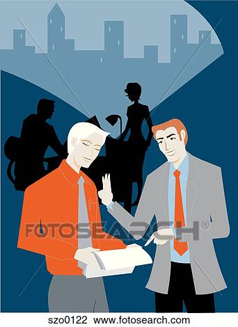 Two businessmen discussing a report View Large Illustration Drawing - Two businessmen discussing a report. Fotosearch