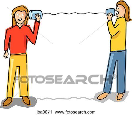 Clip Art - two women talking through tin cans. Fotosearch