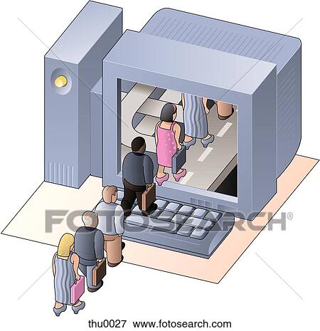 people walking into a computer screen View Large Illustration Stock Illustration - people walking into a computer screen. Fotosearch