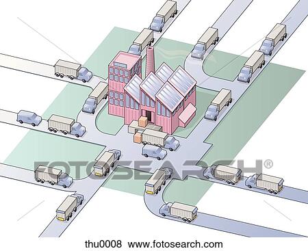 Stock Illustration - trucks en route to the factory. Fotosearch