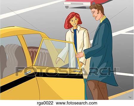 Drawing - couple getting into a taxi cab. Fotosearch