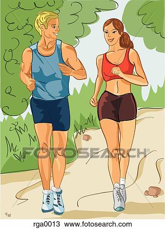 couple jogging through the park View Large Illustration Drawing - couple jogging through the park. Fotosearch