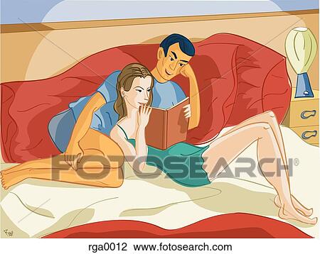 couple reading in bed View Large Illustration Drawing - couple reading in bed. Fotosearch