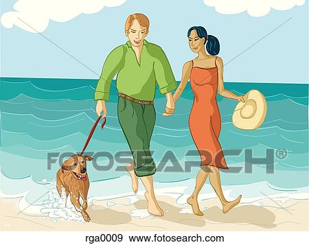 Stock Illustration - couple walking their dog. Fotosearch