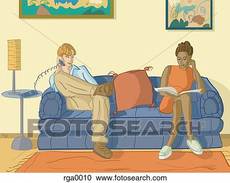 Clipart - man and woman sitting on the couch. Fotosearch
