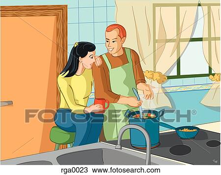 man cooking for his wife View Large Illustration Drawing - man cooking for his wife. Fotosearch