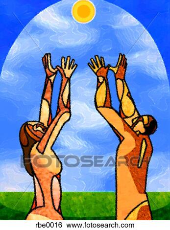 man and woman reaching towards the sun View Large Illustration Stock Illustration - man and woman reaching towards the sun. Fotosearch
