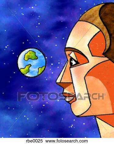 Stock Illustration - man in outerspace looking back at the earth. Fotosearch