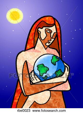 Drawing - Woman cradling the earth. Fotosearch