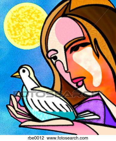 woman holding a dove View Large Illustration Drawing - woman holding a dove. Fotosearch