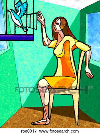 Stock Illustration - woman releasing a bird from it's cage. Fotosearch