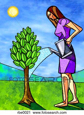 Woman watering a tree Clip Art | rbe0021 | Fotosearch