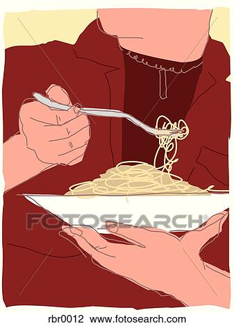 Drawing - eating pasta. Fotosearch