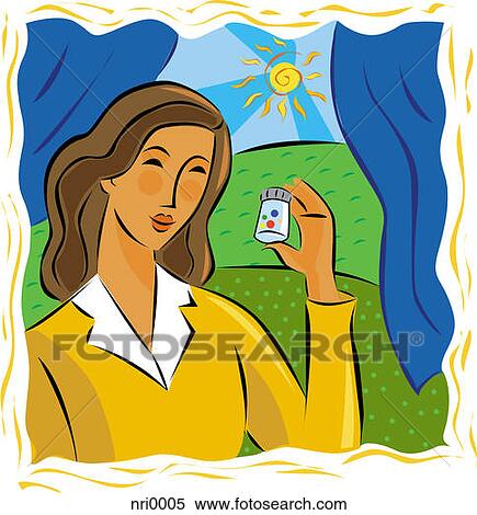 Woman looking at a bottle of pills View Large Illustration Stock Illustration - Woman looking at a bottle of pills. Fotosearch