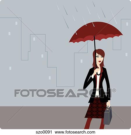 Businesswoman standing under an umbrella in the rain View Large Illustration Clip Art - Businesswoman standing under an umbrella in the rain. Fotosearch